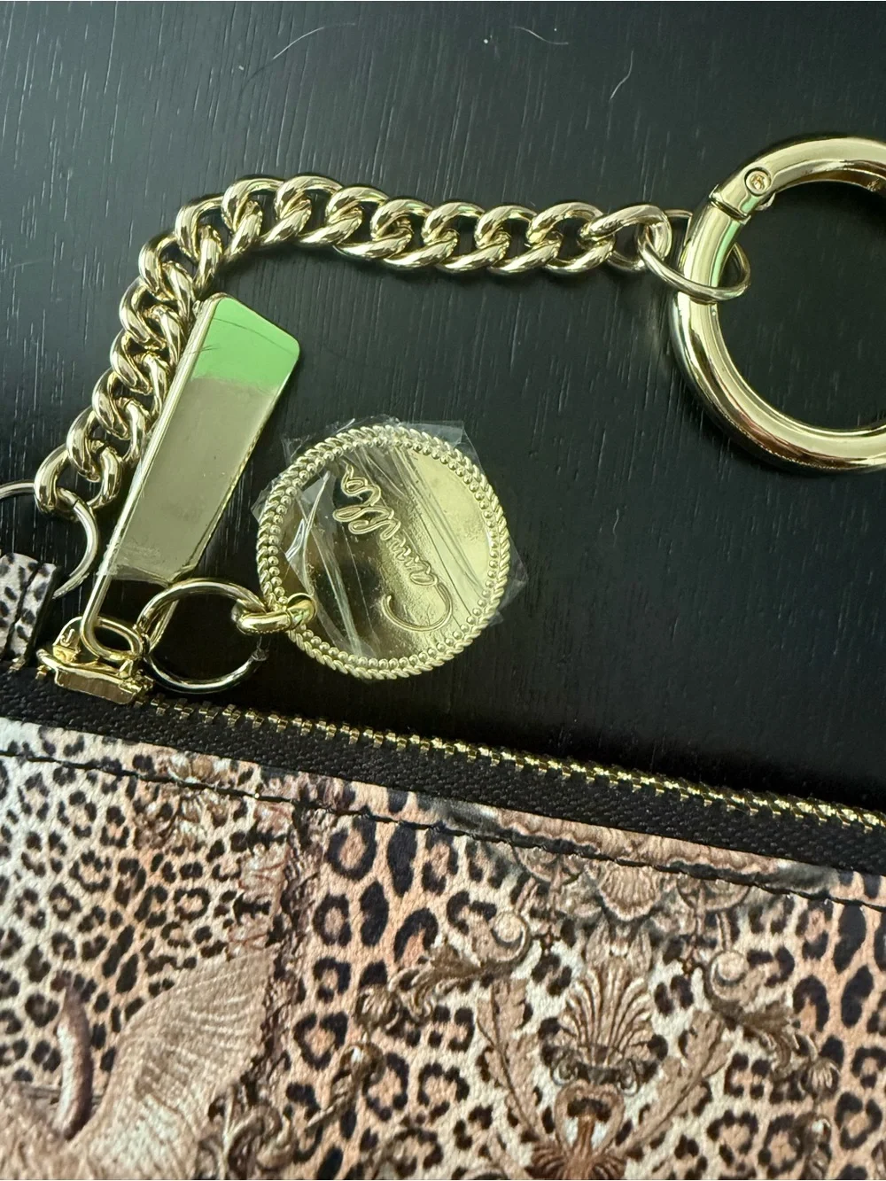 Camilla Gold-Tone Chain Keyring Card Pouch with Leopard Motif